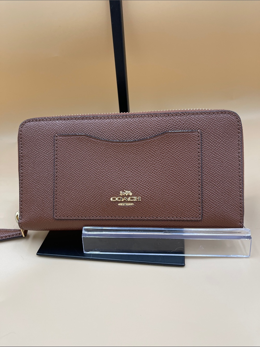 Coach Saffiano Zip-Around Wallet in Brown with Gold Logo